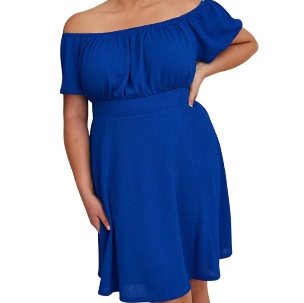 TORRID women's blue mini textured knit puff sleeve off shoulder skater d…